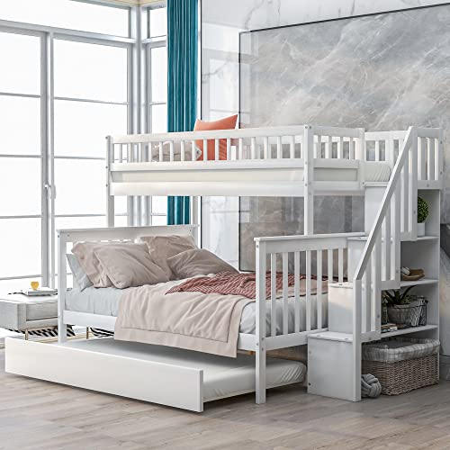 BOVZA Twin Over Full Bunk Bed with Trundle and Storage Stairs White