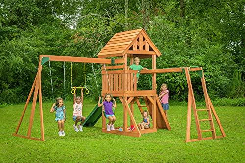 CREATIVE CEDAR DESIGNS Mountain View Lodge Wooden Swingset Multicolor Accessories & Green Slide