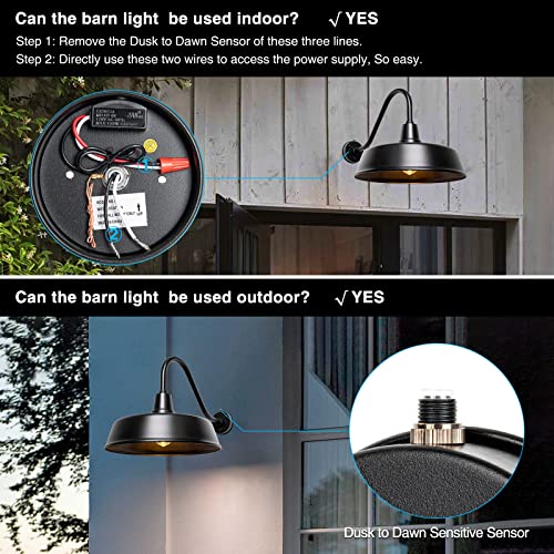 METOJIA Outdoor Gooseneck Barn Light - 24 Inch Black Farmhouse Wall Sconce with Dusk to Dawn Sensor (2 PCS)
