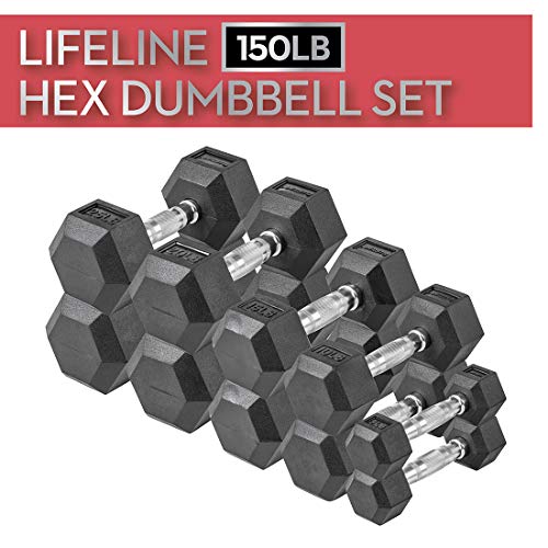 Lifeline Hex Rubber Dumbbell Fitness Training Weight Set Black/Chrome