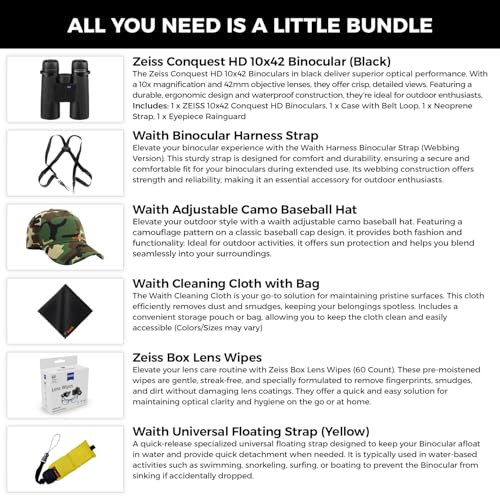 ZEISS 10x42 Conquest HD Binoculars Bundle Set for Bird Watching with Harness Strap, Camo Hat, Cleaning Cloth, Lens Wipes, and Floating Strap Black/Yellow