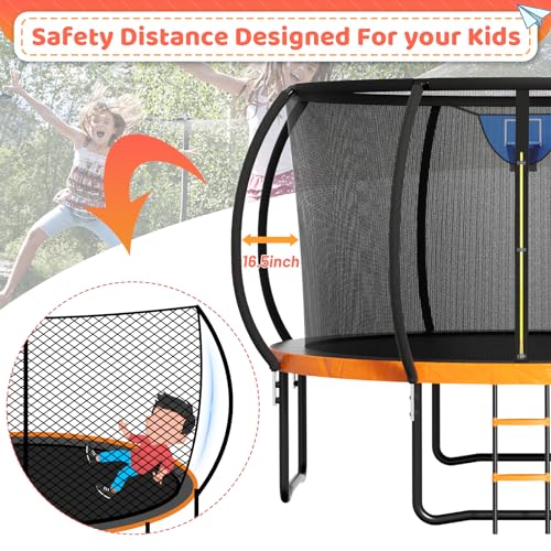 Zevemomo 14FT Outdoor Trampoline with Sprinkler, Basketball Hoop & Wind Stakes Orange