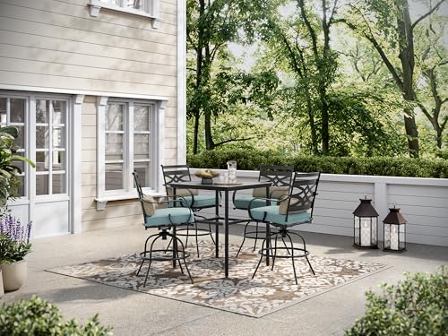 Hanover Montclair All-Weather 5-Piece Outdoor Dining Set with Cushioned Swivel Chairs and Stamped-Top Table Blue