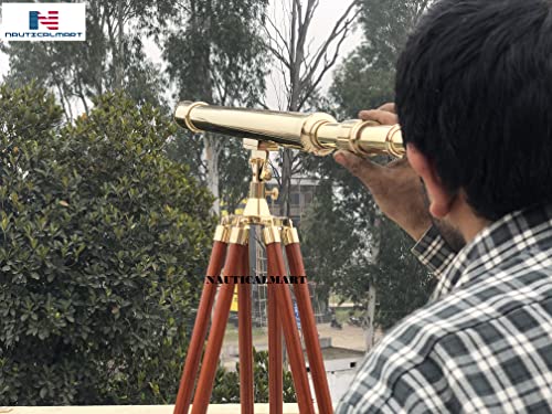 NauticalMart 44" Solid Brass Harbormaster Telescope with Mahogany Tripod Golden