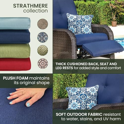Hanover Strathmere Outdoor Recliner Chair with Navy Blue Cushions