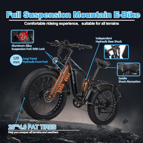 E·Bycco Dual 1000W Motors 2000W Electric Bike for Adults, 35MPH 48V 23Ah Battery Electric Bicycle, Full Suspension 26"*4.0 Fat Tire Hydraulic Disc Brake, Beach Off-Road Mountain E-Bike for Men EB7Pro Blue/2000W/Dual Motor