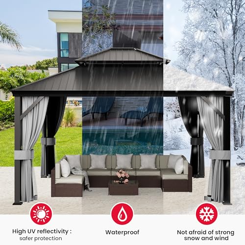 Pamapic 12'x14' Hardtop Gazebo with Netting and Curtains Black