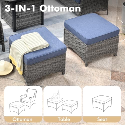 XIZZI 6-Piece Patio Furniture Set with Swivel Rocking Chairs, All Weather Wicker, Grey Rattan Denim Blue