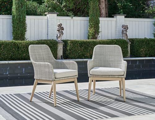 Signature Design by Ashley Seton Creek Cottage Outdoor Dining Arm Chairs with Cushion, Set of 2 Light Brown & Light Gray