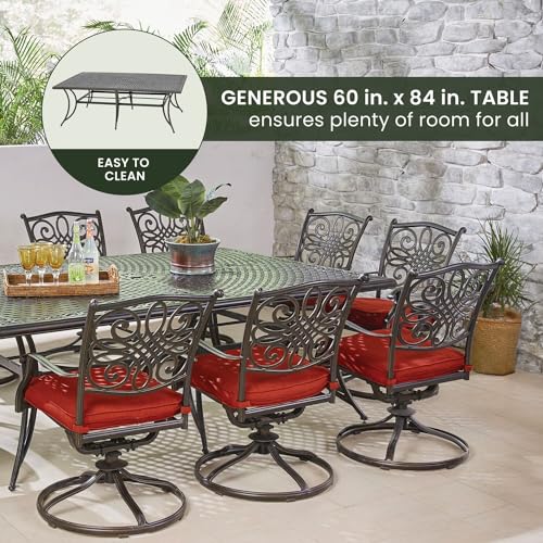 Hanover Traditions 11-Piece Modern Outdoor Dining Set with Rust Resistant Cast Aluminum Table and 10 Red Swivel Rocker Chairs