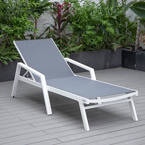 LeisureMod Marlin Modern Outdoor Chaise Lounge Chair Set with Fire Pit Table Dark Grey