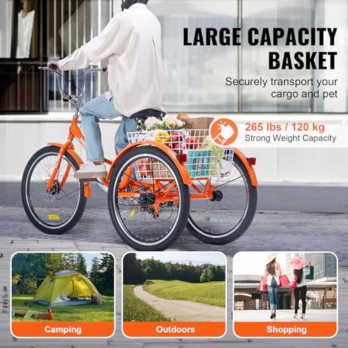 VEVOR Folding Adult Tricycle 26-Inch Lightweight Aluminum Alloy 3 Wheel Cruiser Bike with Large Rear Basket Orange