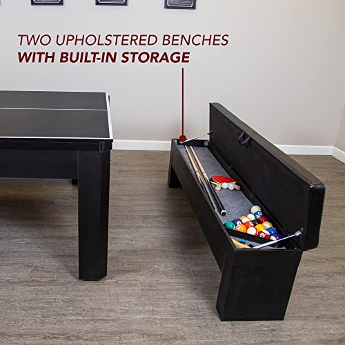Hathaway Park Avenue 7-ft Pool Table Tennis Combination with Dining Top, Two Storage Benches - Black and Red Felt