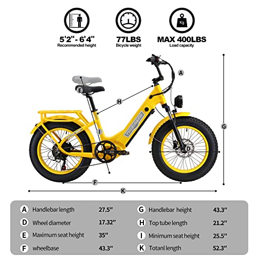 YinZhiBoo Electric Bike for Adults 750W Motor Ebike 20" x 4.0 Fat Tire Step-Thru Electric Bicycle Yellow