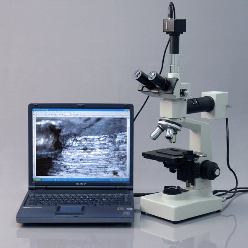 AmScope 40X-1000X Two Light Metallurgical Microscope with 1.3MP Digital Camera Blue