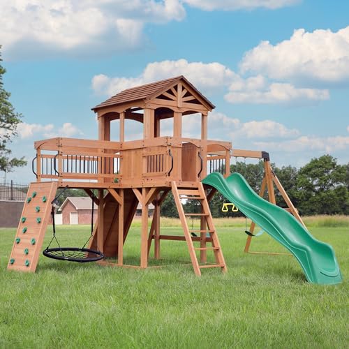Backyard Discovery Sterling Point Cedar Swing Set with Green Wave Slide & Climbing Wall