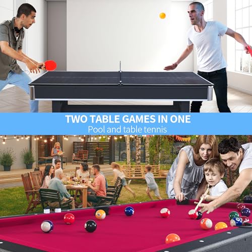 Zyerch 6-ft Pool Table with Table Tennis Top, Portable Billiards Table for Kids - Red with Black Felt