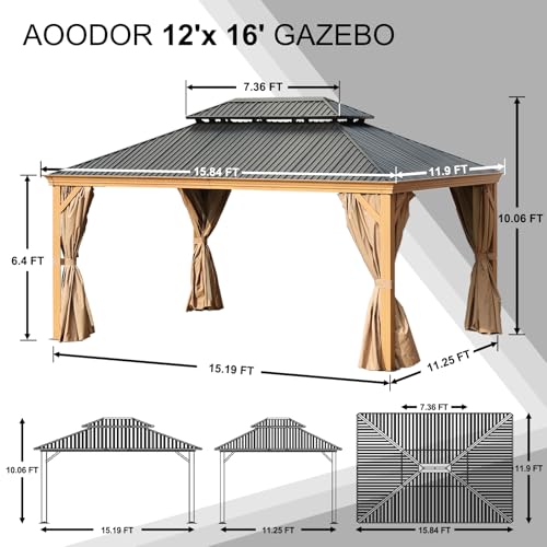 Aoodor 12' x 16' Aluminum Gazebo with Wood Grain Finish, 2-Tier Black Steel Roof, Curtains, and Netting Black/Wood Like Frame