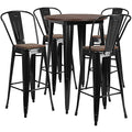 Flash Furniture 30" Round Metal Bar Table Set with Wood Top and 4 Stools Black/Walnut/Wood Grain