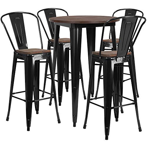 Flash Furniture 30" Round Metal Bar Table Set with Wood Top and 4 Stools Black/Walnut/Wood Grain