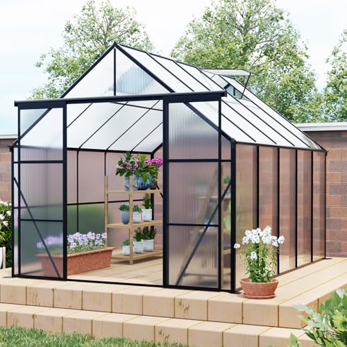 KEIKI 8x10 FT Double Door Polycarbonate Greenhouse with Aluminum Frame Black