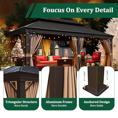 Sonegra 12' x 20' Permanent Hardtop Gazebo with Aluminum Frame and Double Roof Brown