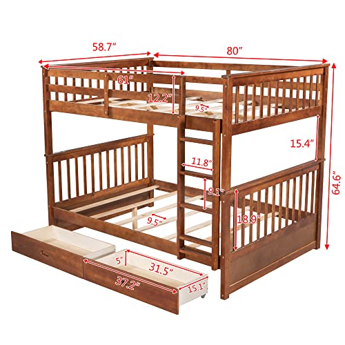 Jintop Full-Over-Full Bunk Bed with Ladders & Storage Drawers Walnut
