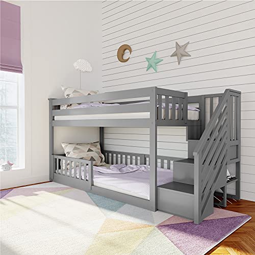 Max & Lily Twin/Twin Low Bunk Bed with Stairs and Guard Rails Grey