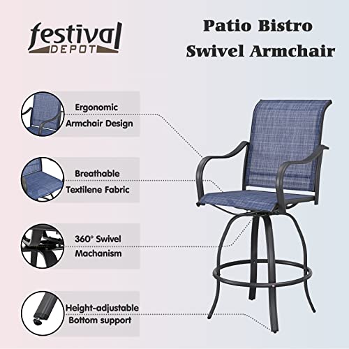 Festival Depot 11pcs Patio Dining Set Bar Height Swivel Bistro Chairs with Armrest and Glass Top Table Blue