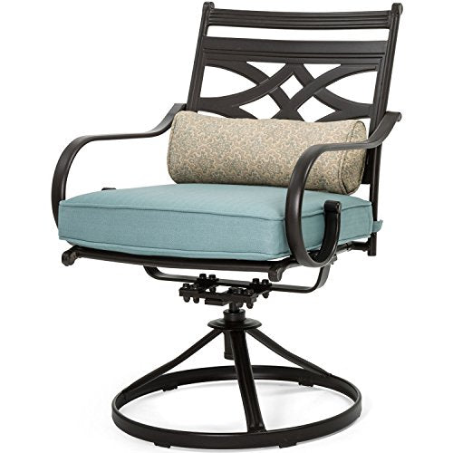 Hanover Montclair 7-Piece Outdoor Dining Set with 6 Swivel Rockers and Blue Cushions