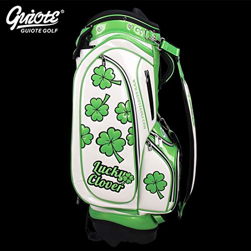 Guiote Golf Stand Bag Pu Leather Golf Carry Bag Embroidery Series 8-Ways 9.0" White Lucky Clover