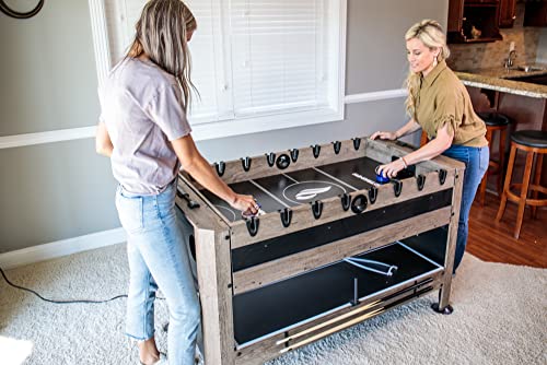 Triumph 56” 4-in-1 Swivel Multi-Game Table - Air Hockey, Billiards, Foosball, Ping Pong - Rustic Wood Grain Finish Brown