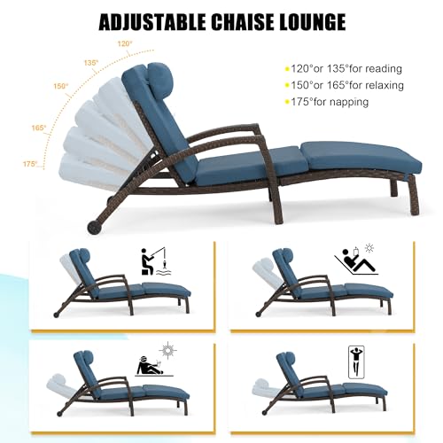 HOMREST Chaise Lounge Chairs Set of 6 PE Rattan Adjustable Poolside Dark Blue