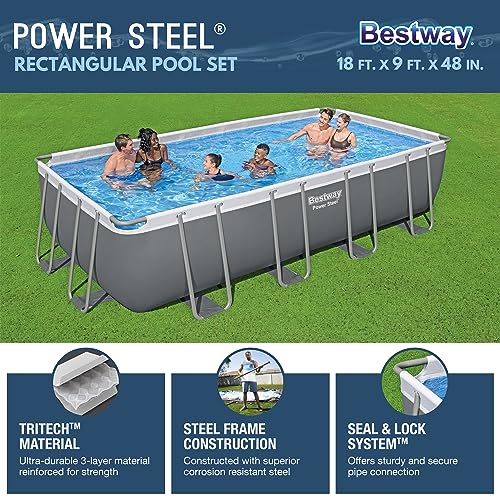 Bestway Power Steel Rectangular Metal Frame Swimming Pool Set Gray