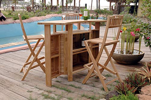 Windsor Teak Furniture 4pc Genuine Grade A Indonesian Teak Bar Set with Folding Bar and Chairs Teak