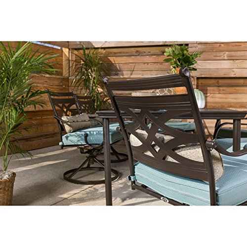 Hanover Montclair 7-Piece Outdoor Dining Set with 6 Swivel Rockers and Blue Cushions