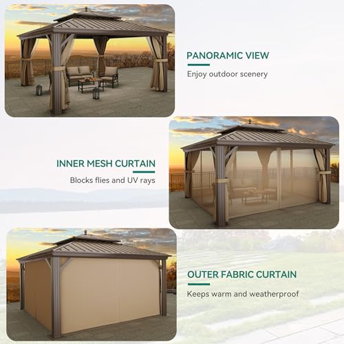 YITAHOME 12x12ft Hardtop Gazebo with Nettings and Curtains Bronze