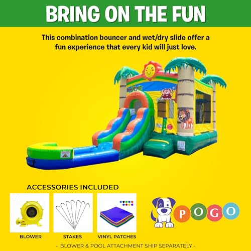 Pogo Bounce House Inflatable Tropical Smiley Castle Combo with Slide and Pool