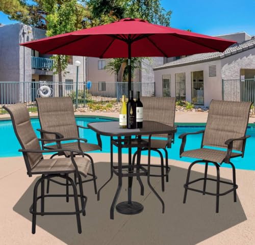 Generic 5 Piece Outdoor Bar Stools Set - 4 Swivel Patio Chairs & 1 Bistro Table with Umbrella Hole Upgraded Brown