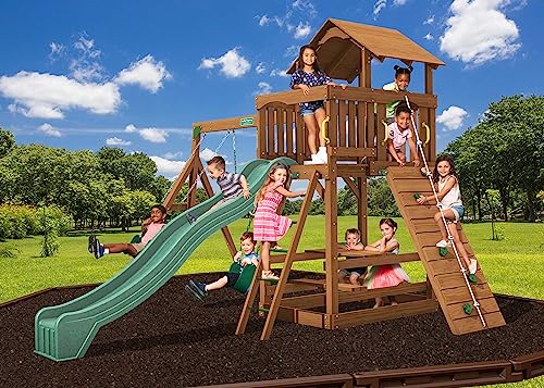 Creative Playthings LTD. Spring Hill Wooden Swing Set with Climbing Wall, Swings, and Slide Yellow