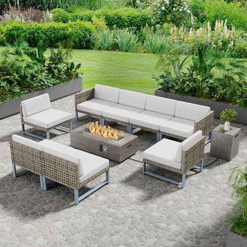 SUNPEAK Outdoor Patio Furniture Set with Sectional Couch and Fire Pit Table Light Brown Wicker 9 pcs