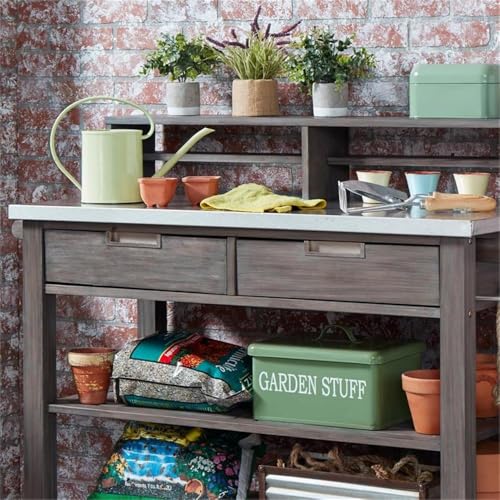 Afuera Living Traditional Wood Potting Bench with Steel Top Grey