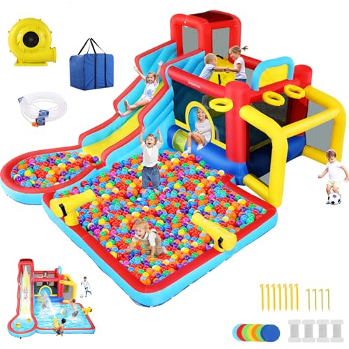 AKEYDIY Inflatable 10-in-1 Bounce House Water Slide with Splash Pool & 620W Blower