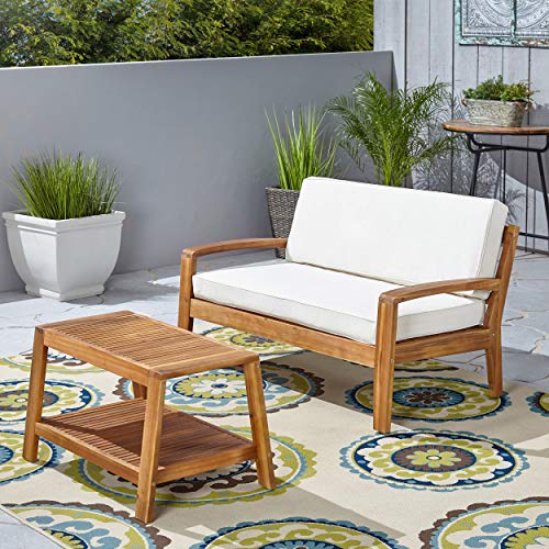 Great Deal Furniture Outdoor Teak Finished Acacia Wood Loveseat and Coffee Table Set with Beige Cushions