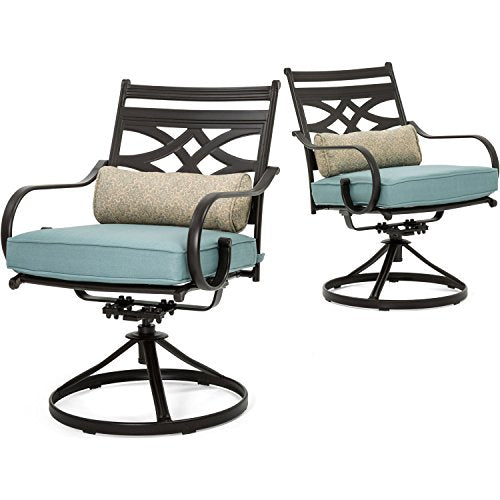 Hanover Montclair 7-Piece Outdoor Dining Set with 6 Swivel Rockers and Blue Cushions