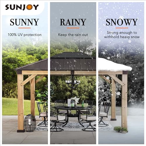 Sunjoy Hardtop Gazebo 11x13 ft Cedar Frame Brown Steel Polycarbonate Roof Brown + Natural Wood