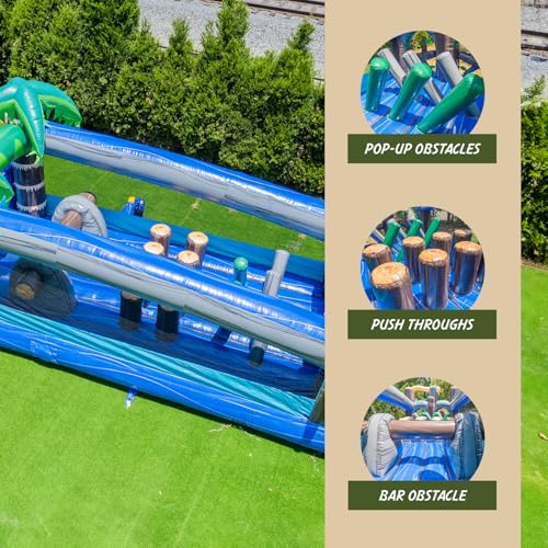 XJUMP Commercial 45' Tropical Wet/Dry Obstacle Dual Lane Slide with Pool Blue