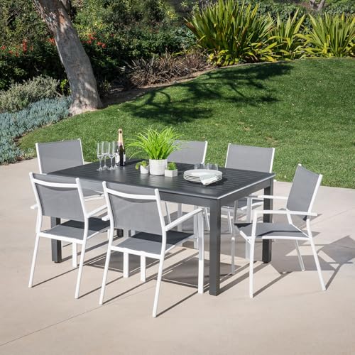 CAMBRIDGE Turner 7-Piece Outdoor Dining Set with 63" x 40" Expandable Table and Sling Chairs White/Grey