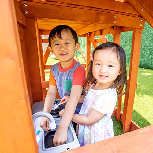 Sportspower Sandalwood Wood Swing Set with Swings, Slide & Playhouse Green