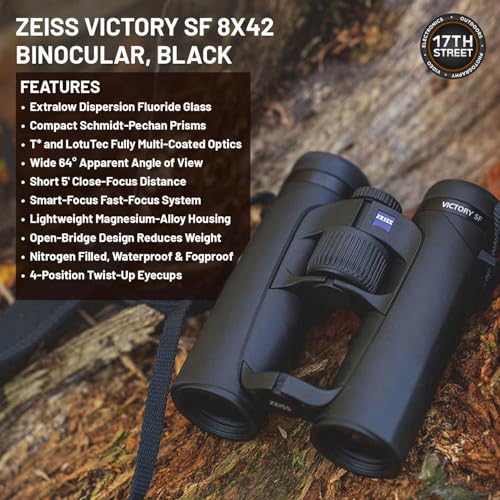 ZEISS 8x42 Victory SF Binoculars Bundle Set for Bird Watching with Harness Strap, Camo Hat, Cleaning Cloth, Lens Wipes, and Floating Strap